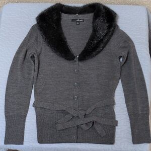 Willi Smith Charcoal Cardigan with Black Faux Fur Collar